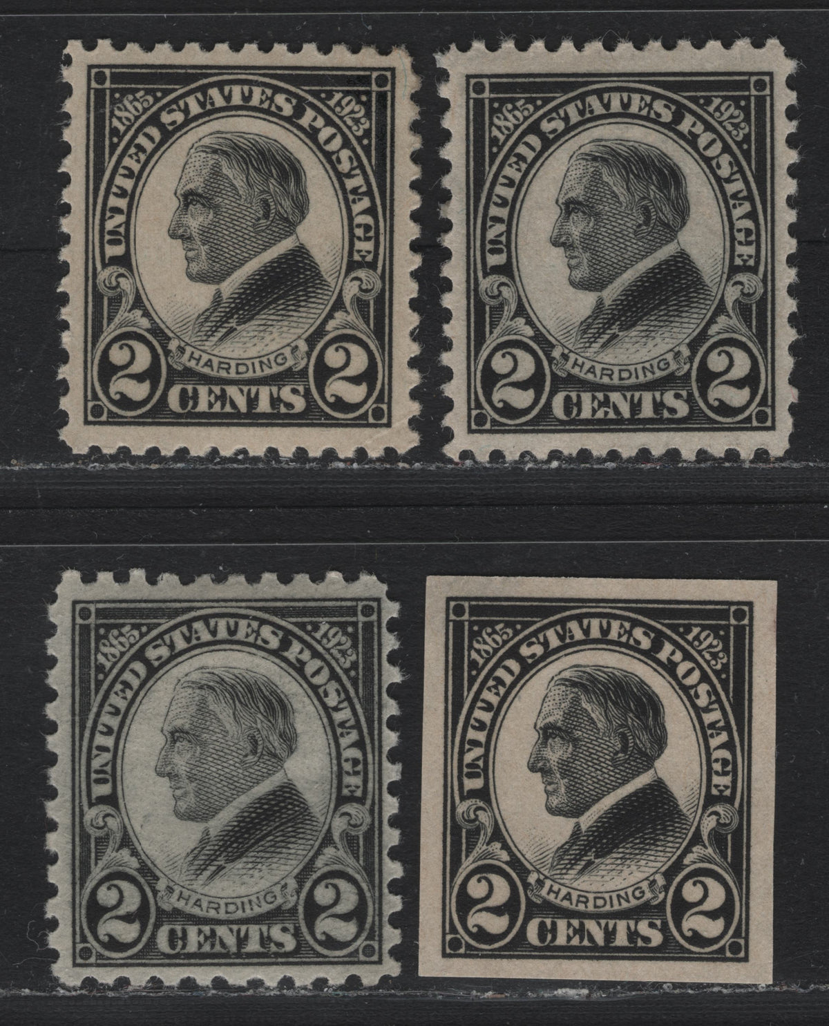Lot 197 United States SC#610-612 2c Black - Gray Black , 1923 Harding Memorial Issue, 4 VFJOG Singles, Flat Plate & Rotaty Press Printings, 2 Perf 11, One Imperf, Rotary Is Type 2 Gum Breaker Ridges With 12 Vertical Gum Striations.