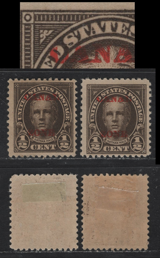 Lot 1 United States - Canal Zone (C)SC#70, 70var 1/2c Olive Brown , 1924-1925 Canal Zone Overprinted Issue, 2 FOG Singles, Flat Plate Printing, Slat Top To A, Normal Stamp & One With Well Known & Documented Broken C & A Of Canal.