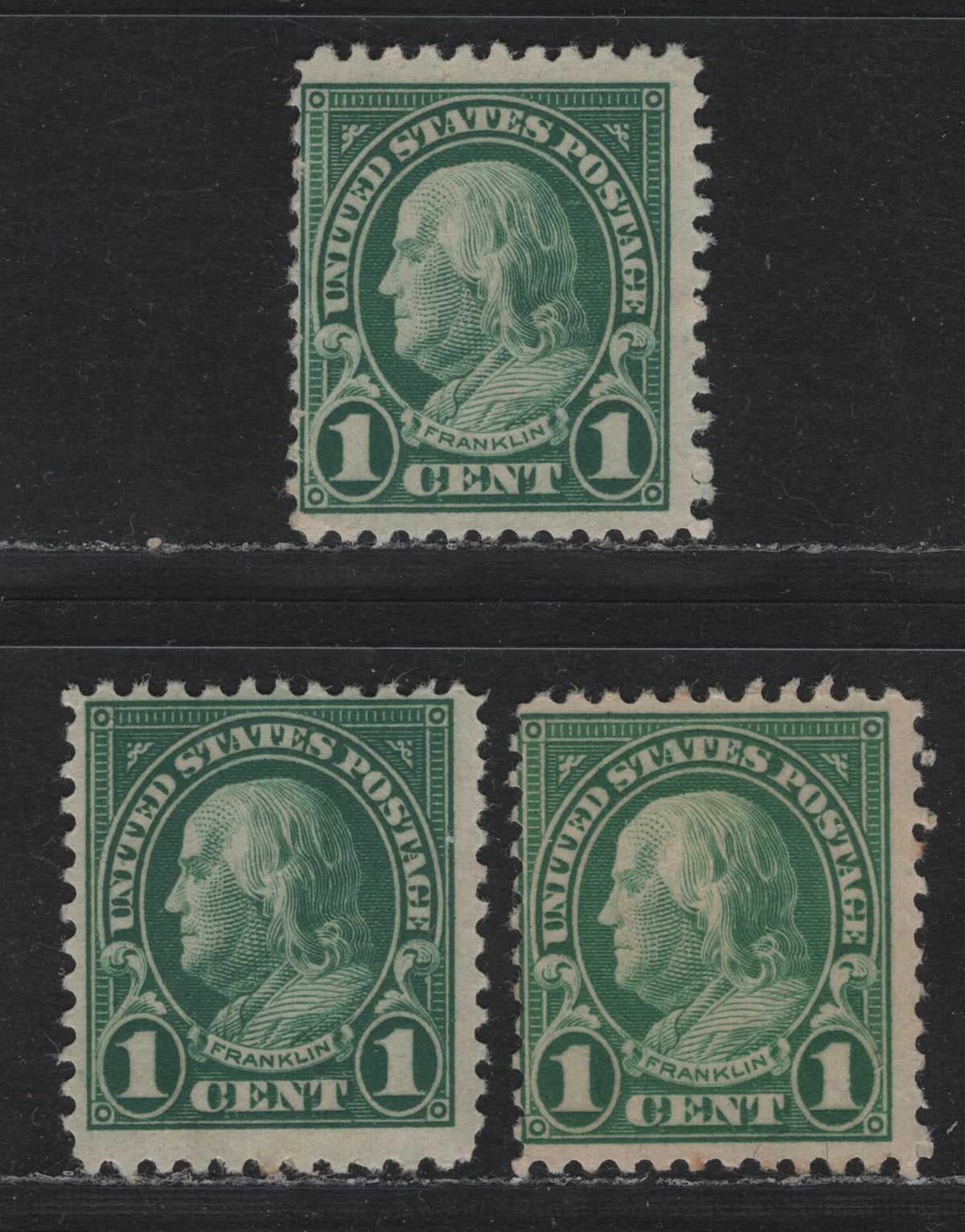 Lot 2 United States SC#552 1c Green - Deep Green , 1922-1925 4th Bureau Issue, 3 FOG Singles, Flat Plate Printing, Perf 11