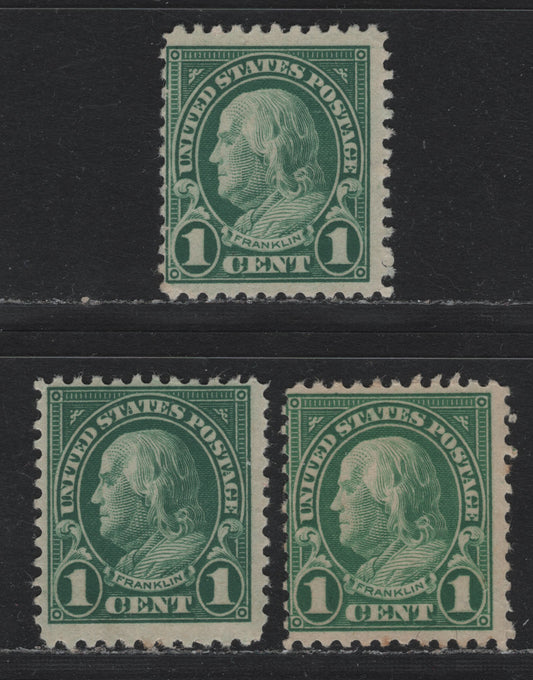 Lot 2 United States SC#552 1c Green - Deep Green , 1922-1925 4th Bureau Issue Flat Plate Printings, 3 FOG Singles, Flat Plate Printing, Perf 11