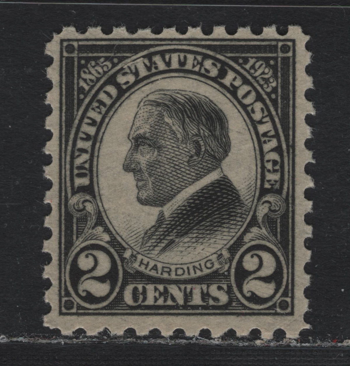Lot 202 United States SC#612var 2c Black, 1923 Harding Memorial Issue, A VFNH Single, Rotary Press Printing, Type 2 Gum Breaker Ridges, No Visible Gum Striations, Perf 10, White Die Flaw Above ST of States.