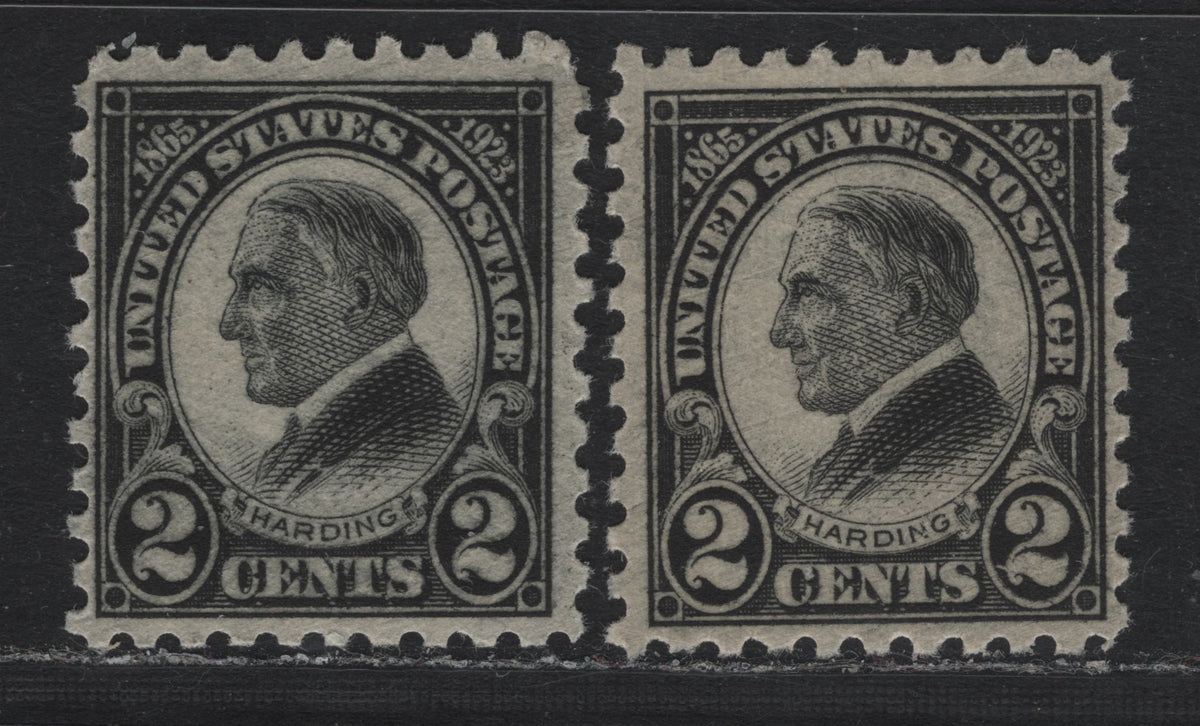 Lot 204 United States SC#612 2c Black - Deep Gray Black, 1923 Harding Memorial Issue, 2 FNH Singles, Rotary Press Printing, Perf 10, Type 3 Gum Breaker Ridges, 12 Vertical Gum Striations.