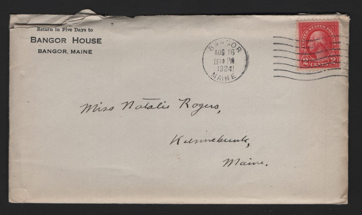 Lot 208 United States SC#554 2c Carmine Rose, 1922-1925 4th Bureau Issue, A Very Fine Used Cover, Flat Plate Single Tied To Bangor House Corner Card Cover, Full Letter Bangor House Stationary (Long Letter), Sent August 16 1924.