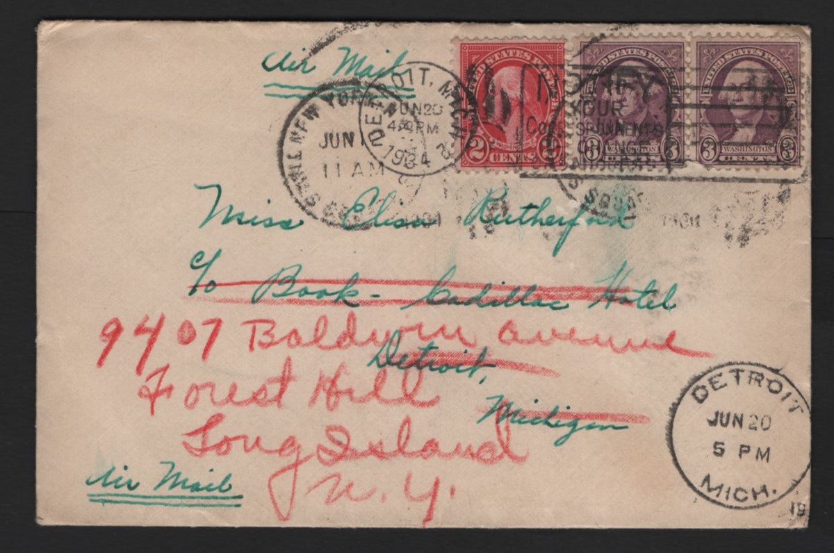 Lot 209 United States, A Fine/Very Fine Used Cover, 1934 Redirected 8c Domestic Airmail Book Cadillac Hotel Cover, Short Lived Airmail Rate In Effect For Just Under 2 Years From July 6 1932 To June 30 1934