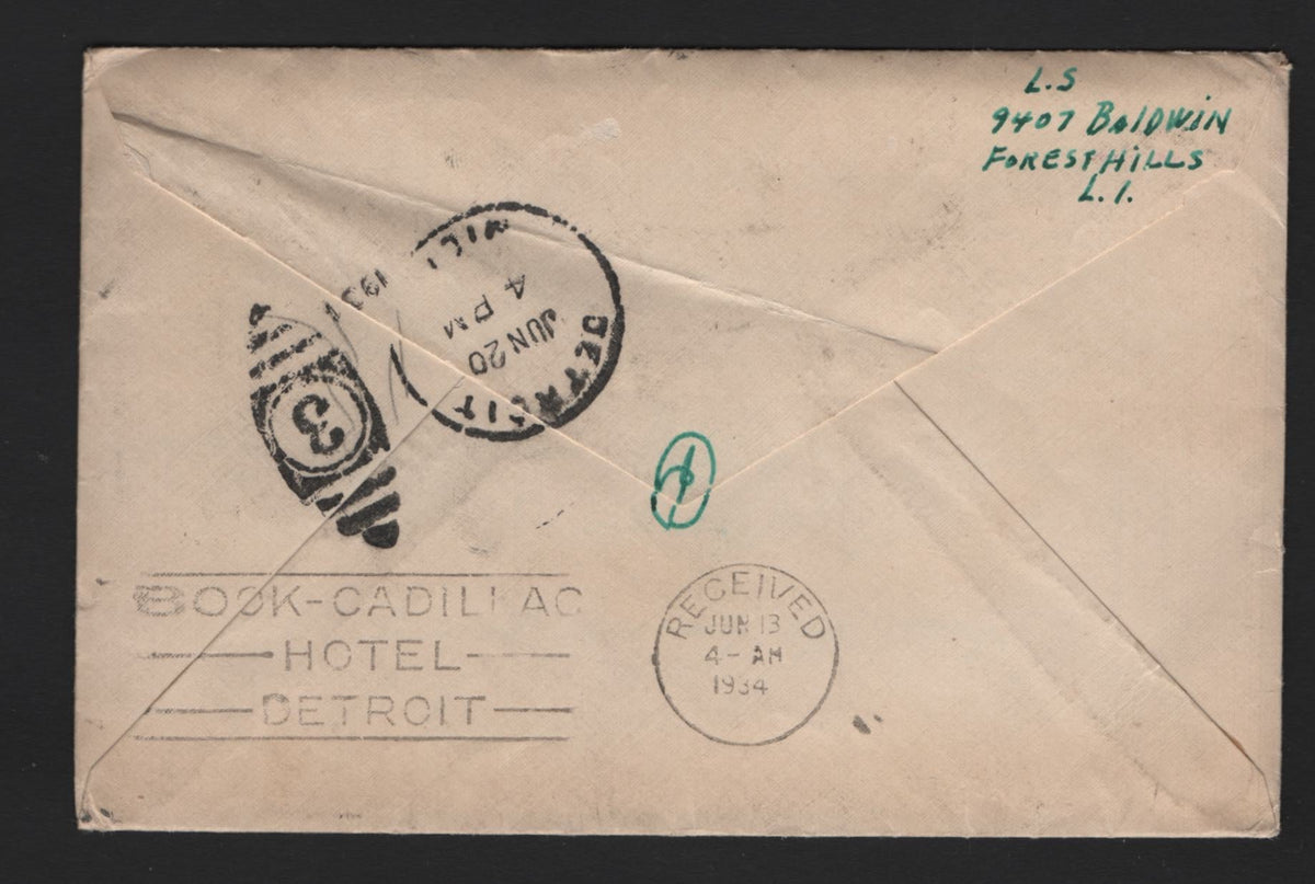 Lot 209 United States, A Fine/Very Fine Used Cover, 1934 Redirected 8c Domestic Airmail Book Cadillac Hotel Cover, Short Lived Airmail Rate In Effect For Just Under 2 Years From July 6 1932 To June 30 1934