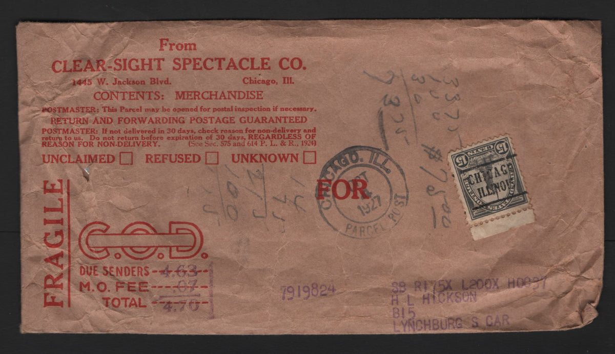 Lot 213 United States, A Very Fine Used Mail Order COD Cover, A Pair Of Glasses As Evidenced By The Wrinkling, Sent Form Clearsight Spectacle CO In Chicago, Ill, To Lynchburg, South Carolina, Franked With 15c Rotary Statue Of Liberty.
