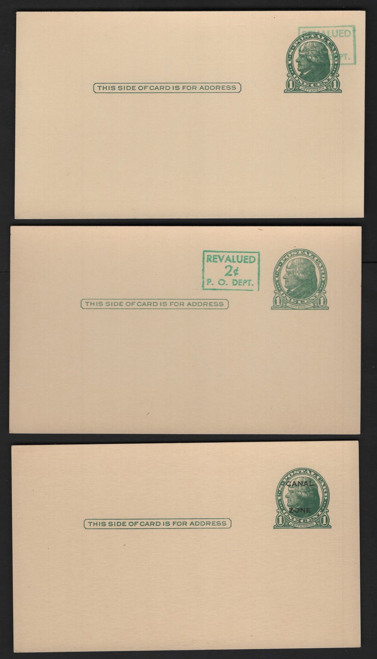 Lot 217 United States SC#UX39, UX39var, UX40,a, UX10 1c - 2c on 1c Green, 3 Fine/Very Fine Used Postal Cards, Cream Stock, Includes An Unlisted Variety In Which There Are 2 Surcharges, One Of Which Is Albino, And In Normal Position.