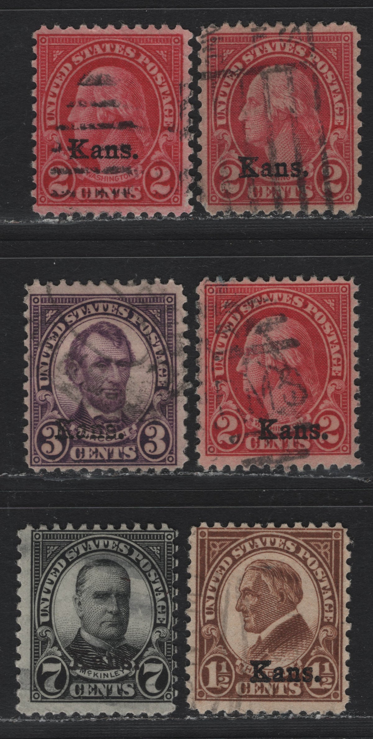 Lot 228 United States SC#659-661, 665 1.5c - 7c Brown - Black, 1929 4th Bureau Issue, 7 Fine/Very Fine Used Singles, Rotary Press Printings, Kansas Overprints, 3 Shades of The 2c.