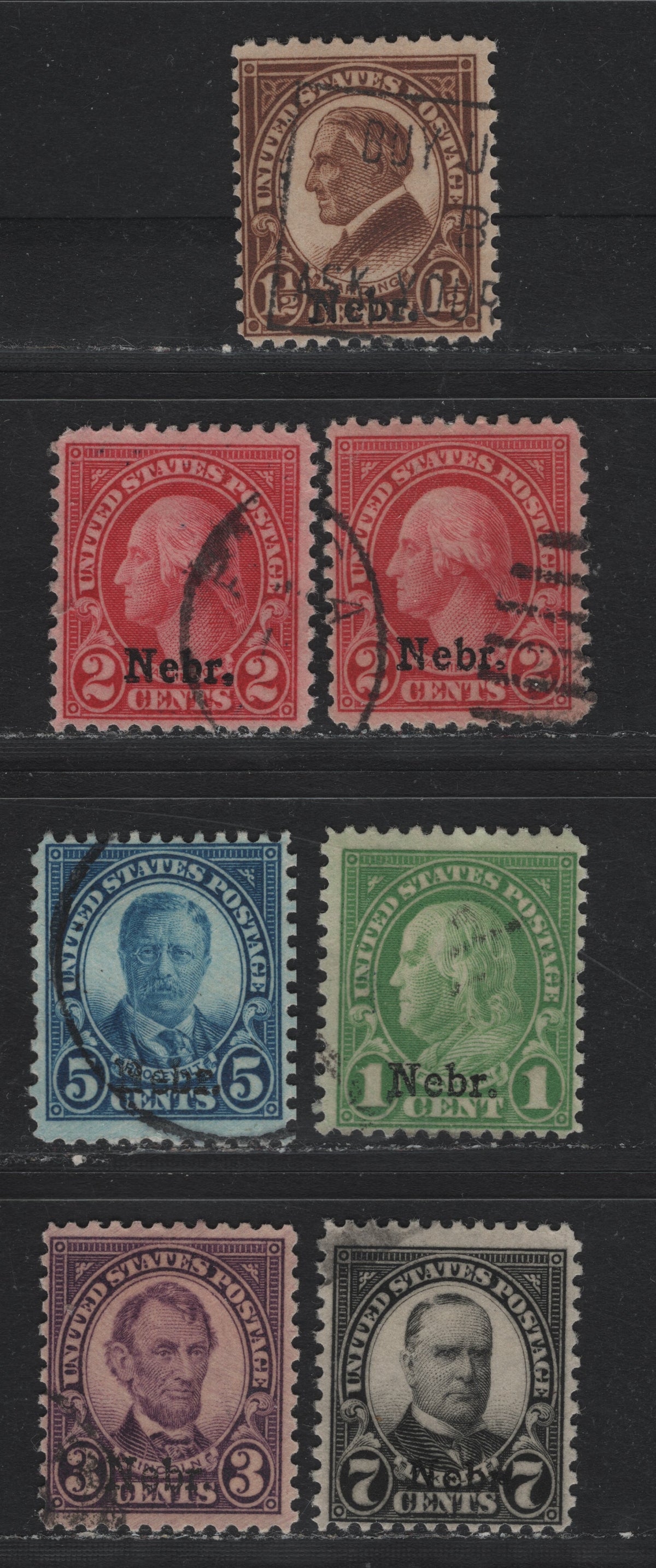 Lot 229 United States (C) SC#669-671, 672, 674, 672 1.5c - 7c Yellow Brown - Black, 1929 4th Bureau Issue, 7 Fine Used Singles, 2 Shades of Carmine, Nebraska Overprints