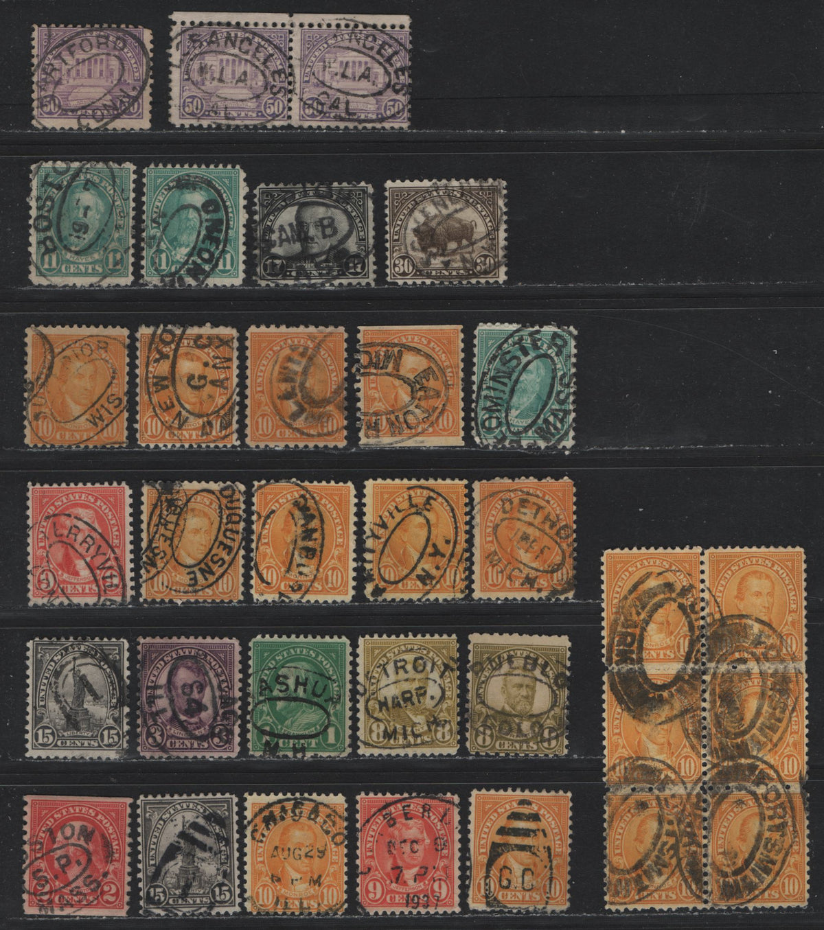 Lot 230 United States SC#632/701 1c - 50c Deep Emerald, 1923-1931 4th Bureau Issue, 27 Fine/Very Fine Used Singles, Rotary Press Sheet Stamps, Different Oval Registry Cancels, CDS Cancels & Numbered Duplex Strikes.