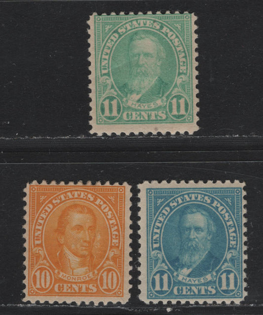 Lot 23 United States SC#562-563b 10c - 11c Orang Yellow - Light Bluish Green , 1922-1925 4th Bureau Issue, 3 FOG Singles, Special Booklet Paper