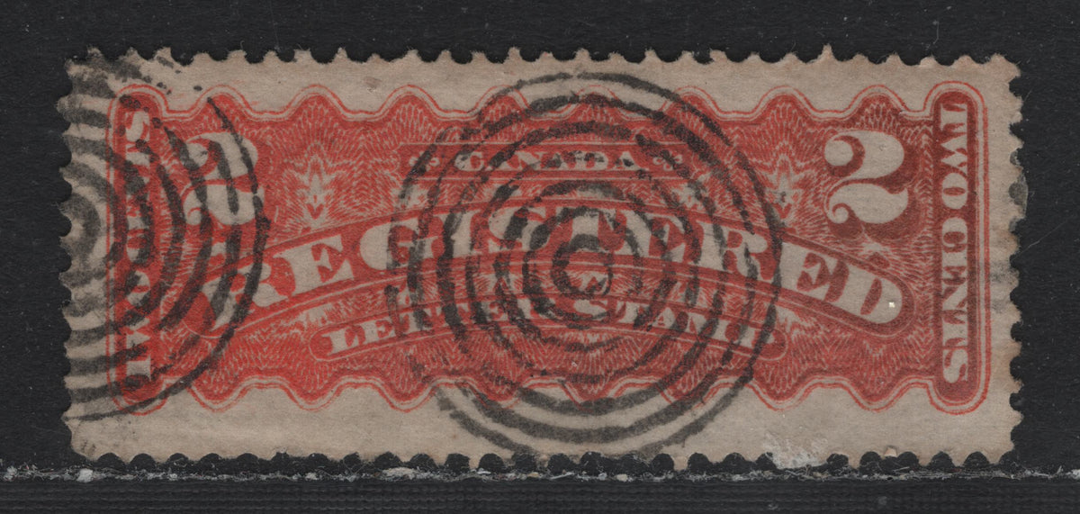 Lot 238 Canada #F1i 2c Red Orange, 1875-1896 Registration Issue, A Very Good Used Single, Late Montreal Printing, EM-E Paper (Scarcer Paper Type), Perf 12x12.25, Clear Strikes Of 7-Ring Target Cancel.