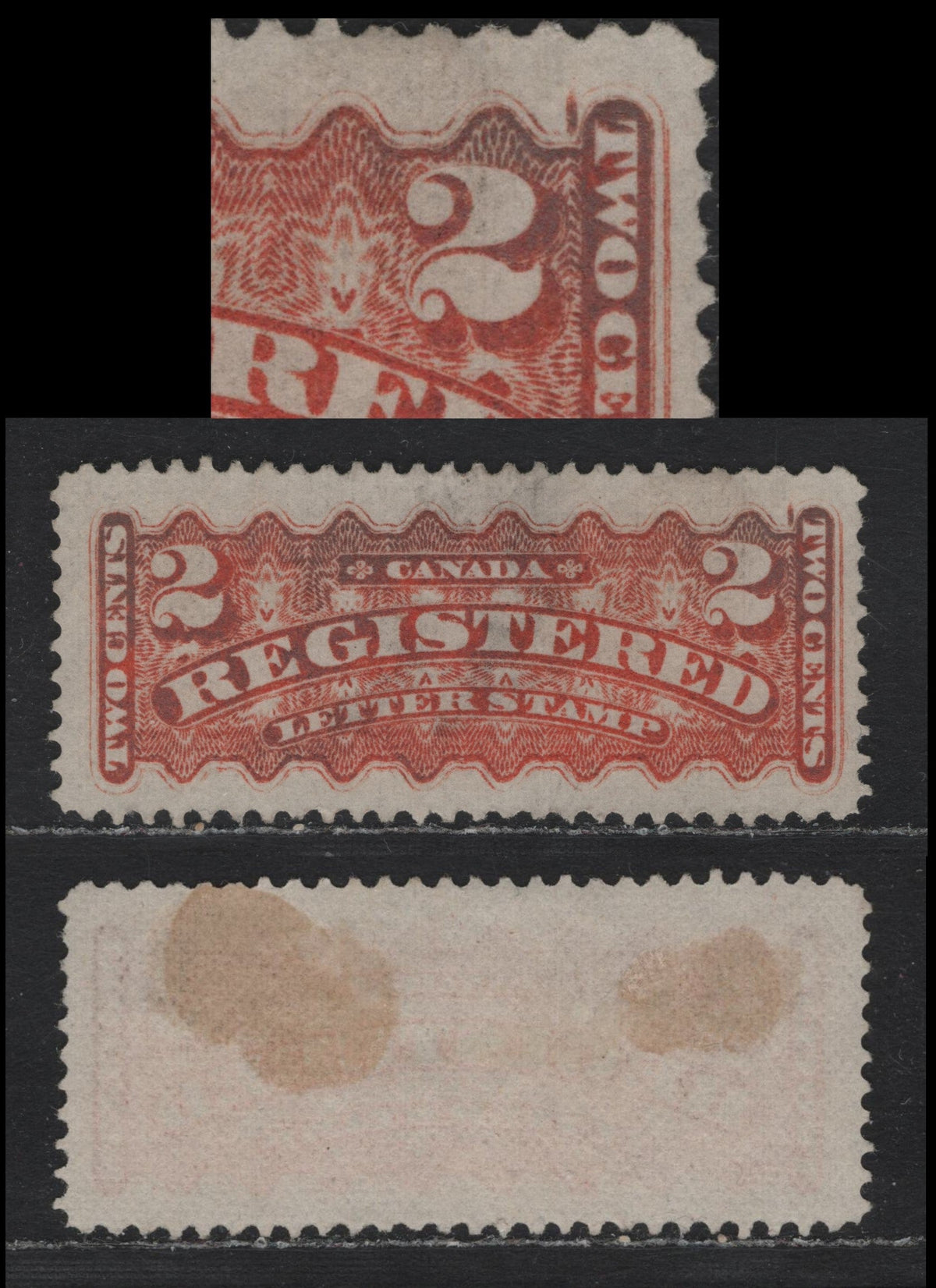Lot 247 Canada #F1iii 2c Red Orange, 1875-1896 Registration Issue, A Very Fine Used Single, MM-R Paper, Perf 12, Faint Plate Dot In Center Top Margin, Late Montreal Printing, Showing Pos. 38 Burr At UR Corner, Very Light Cancel.