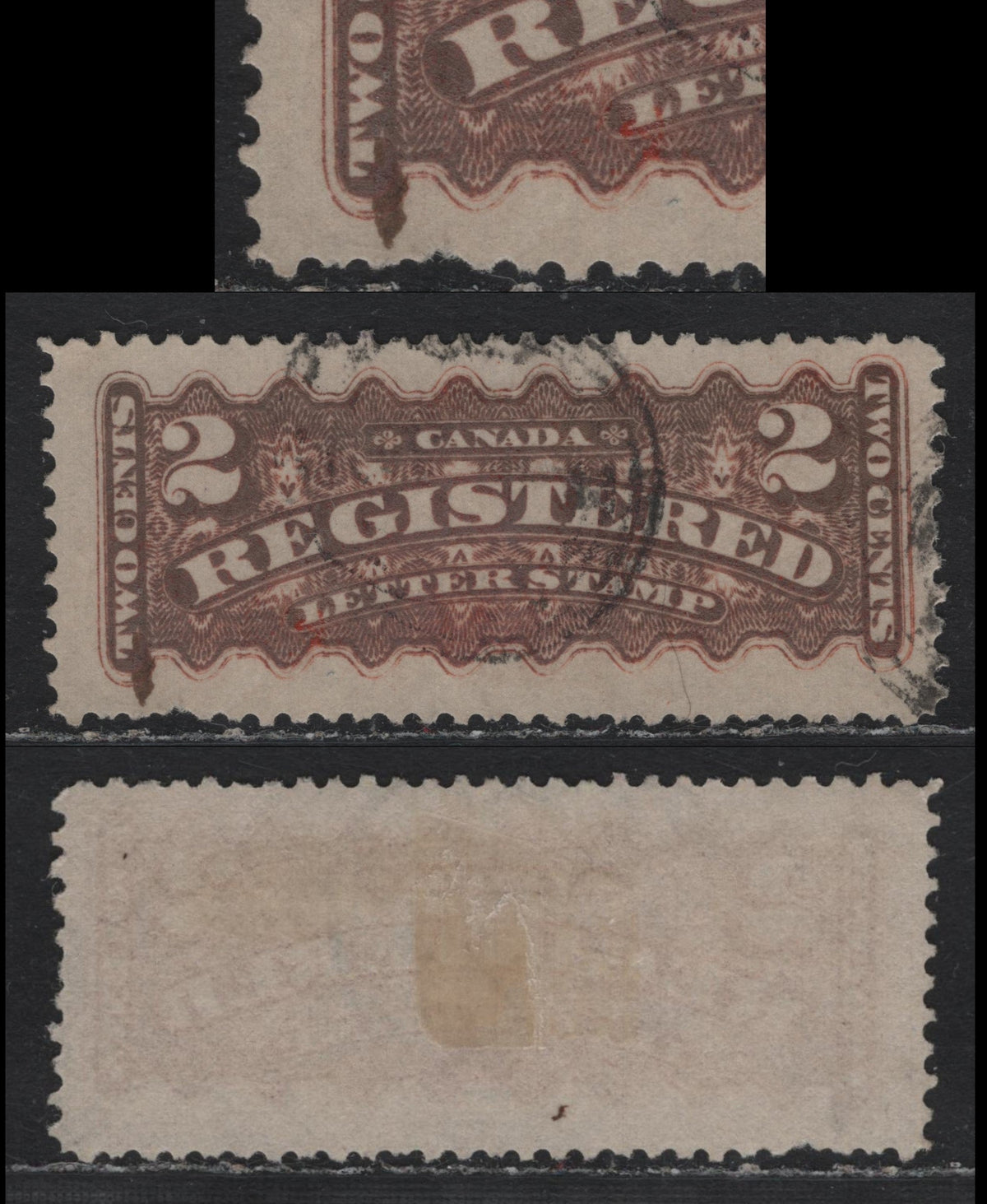 Lot 248 Canada #F1d 2c Oxidized Orange, 1875-1896 Registration Issue, A Fine Used Single, Perf 12x11.75, MM-AA Paper, Mid Montreal Printing, Showing Large Burr In LL Corner, Similar To Pos. 38 Plate 1, Listed In Unitrade In UR Corner.