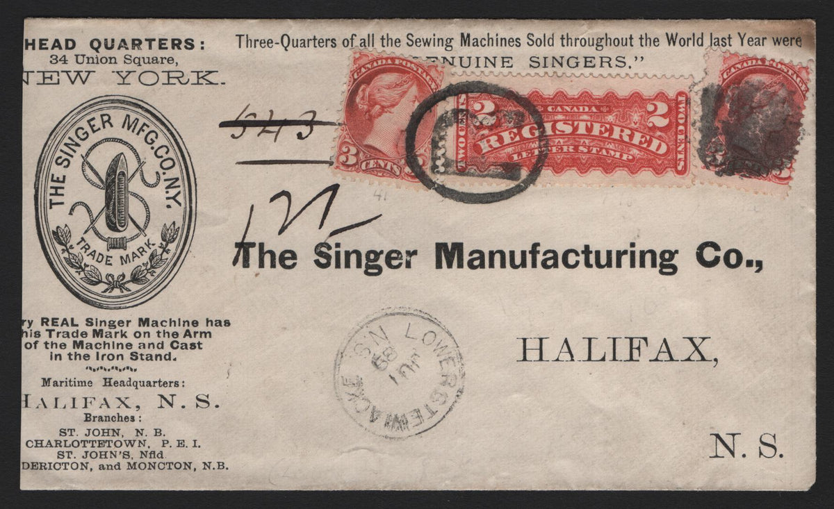 Lot 250 Canada #F1b, 41 2c- 3c Rose Carmine - Deep Rose Carmine, 1875-1896 Registration Issue, A Fine/Very Fine Used Cover, June 1,1889 Same Day 8c Illustrated Singer Advertising Cover, Sent From Lower Stewacke NS To Halifax