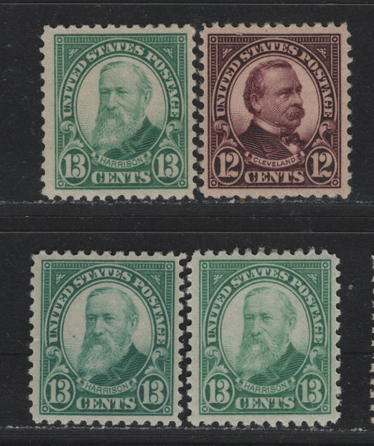 Lot 25 United States SC#564 12c - 13c Deep Brown Violet - Deep Milky Green , 1922-1925 4th Bureau Issue, 4 VFOG Singles, Flat Plate Printing