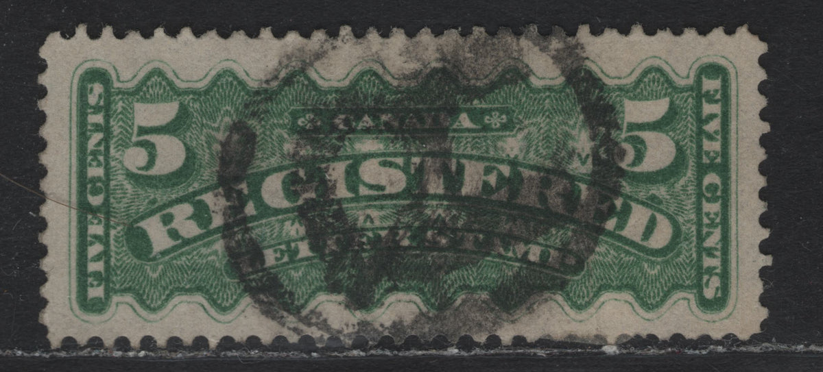Lot 251 Canada #F2 5c Dark Green, 1875-1896 Registration Issue, A Fine Used Single, 2nd Ottawa Printing, Perf 12, SON 'R' Registry Cancel, Paper MG-H.