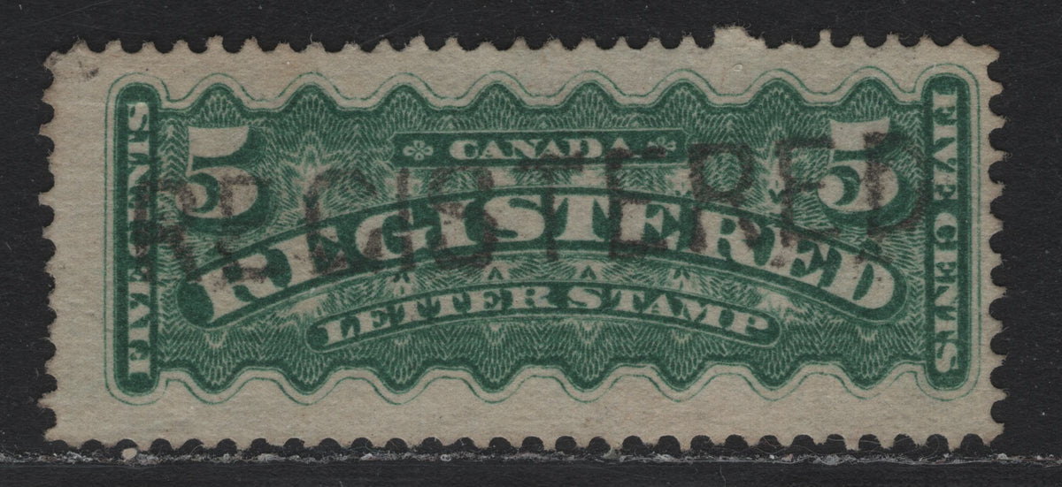 Lot 252 Canada #F2a 5c Blue Green, 1875-1896 Registration Issue, A Fine Used Single, LM-F Paper, Perf 12.1x12, Montreal Gazette Printing With Straight Line Registered Cancel.