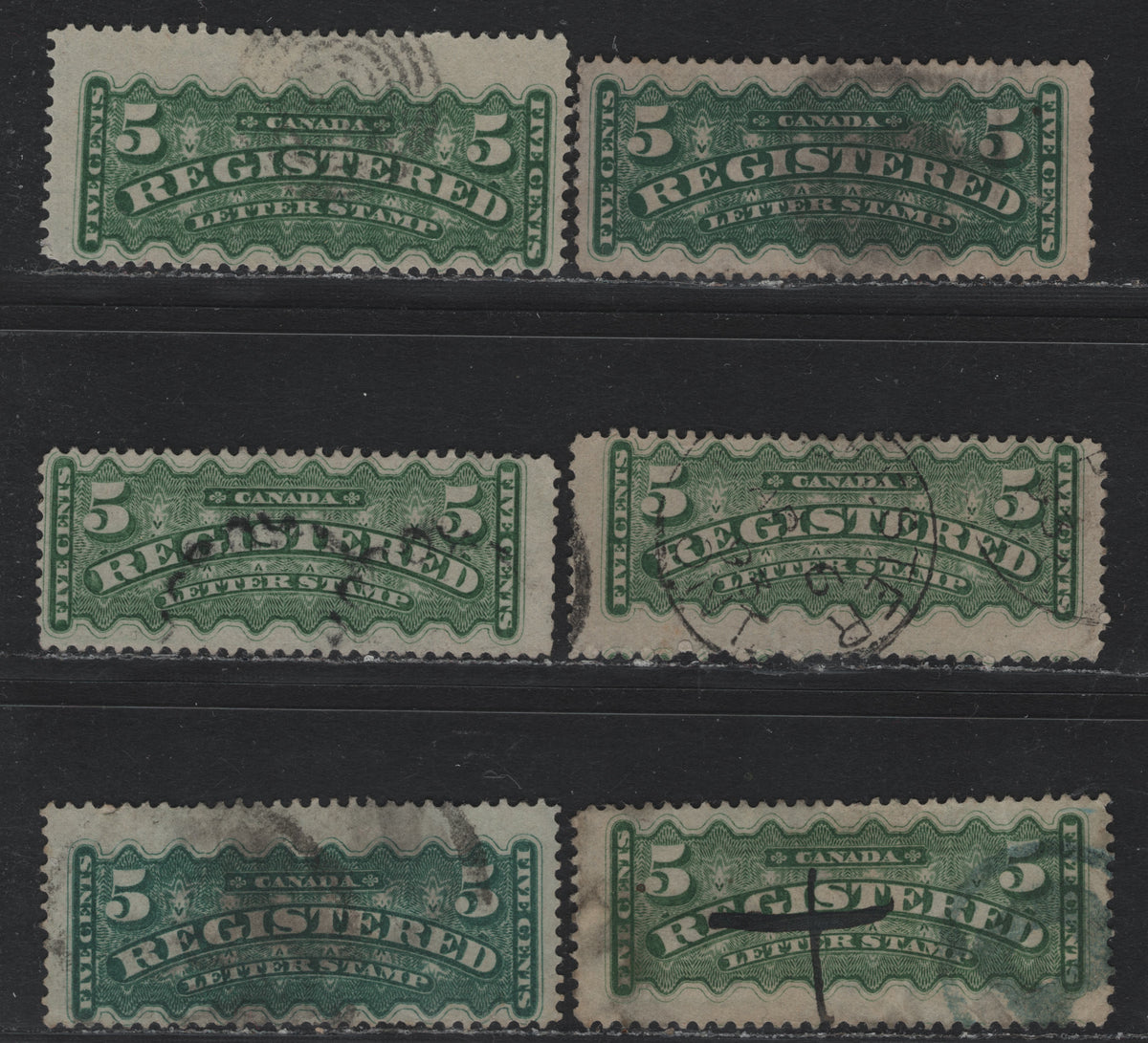 Lot 254 Canada #F2, F2a,F2i 5c Dark Green - Blue Green, 1875-1896 Registration Issue, 6 Fine Used Singles, Late Montreal, Gazette & Second Ottawa Printings, Unchecked As To Specific Paper Types, Perfs Ranging From 12-12.25.