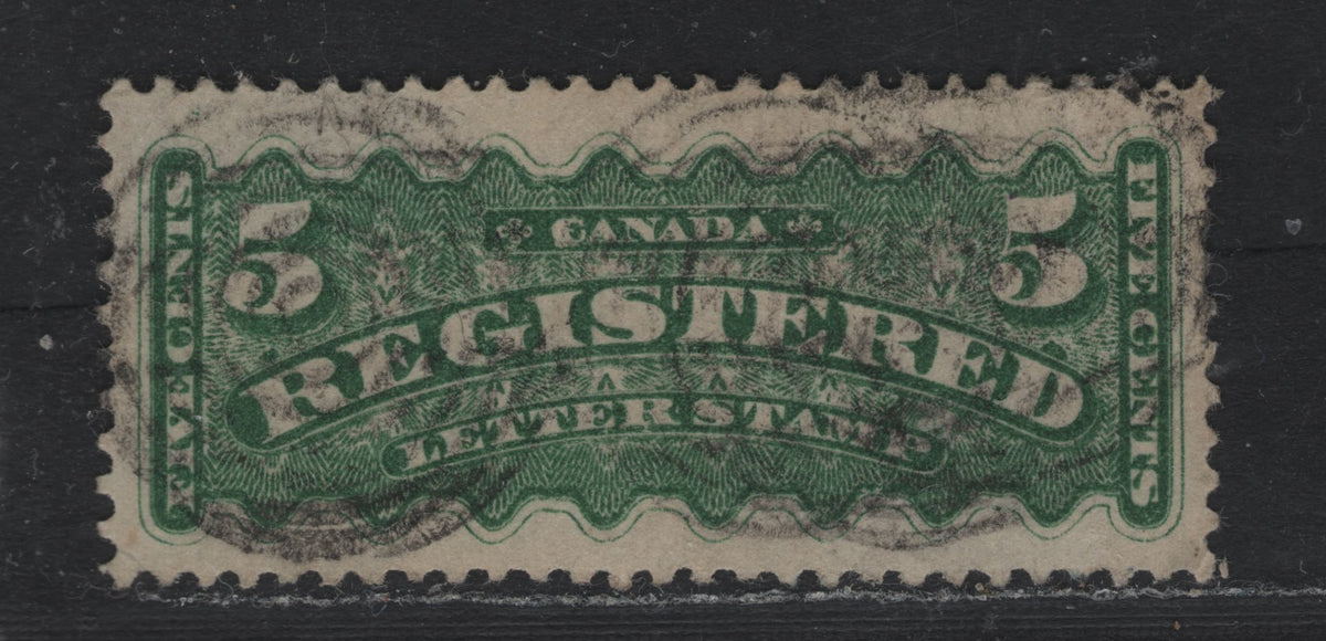 Lot 256 Canada #F2d 5c Deep Green, 1875-1896 Registration Issue, A Fine Used Single, Mid Montreal Printing, MM-BB Paper, Perf 12x11.75, Multiple Light Strikes Of 7-Ring Target Cancel.
