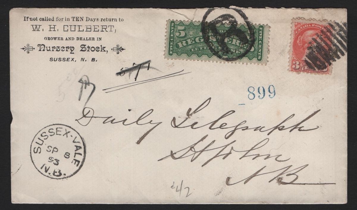 Lot 257 Canada #F2, A Very Fine Used Culbert Corner Card Registered Cover, Sent From Sussex Vale, NB To Saint John NB Via Saint John-Amherst Railway, Sept 8 1893 Sussexvale CDS On Face & Sept 8 & 9 Saint John & Amherst RY Transit Backstamp.