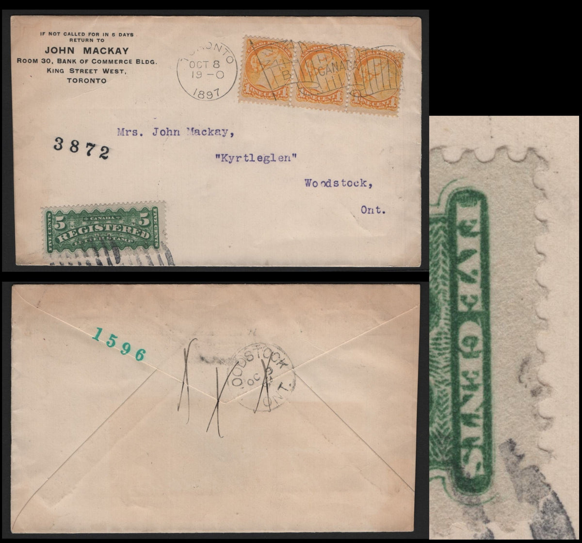 Lot 259 Canada #F2iii, A Very Fine Used Registered Cover, Rare Missing Frameline Variety, John Mackay Corner Card Cover Sent To His Wife Or Sister In Woodstock, ON From Toronto, Franked With 5c Green Registered With Missing Frameline At Right.