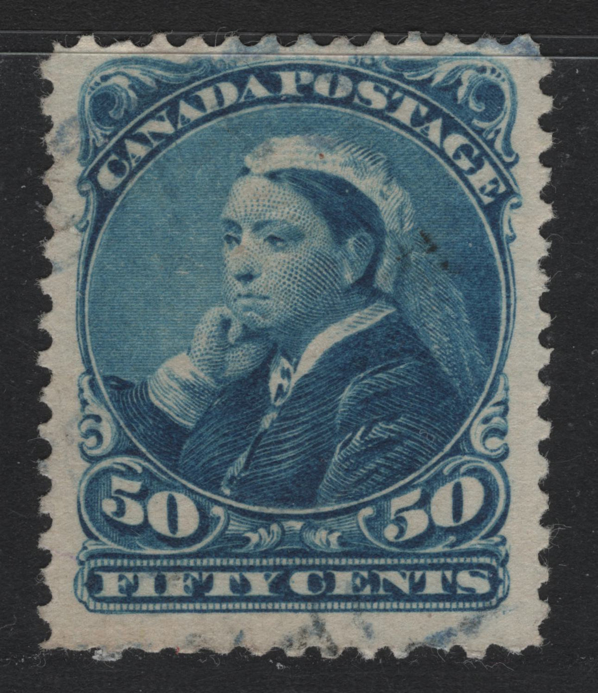 Lot 264 Canada #47 50c Blue, 1888-1897 Small Queens Issue, A Fine Used Single, Widow's Weeds, VF Centered, But Some Trimmed Perfs At LL, Face Free Cancel.