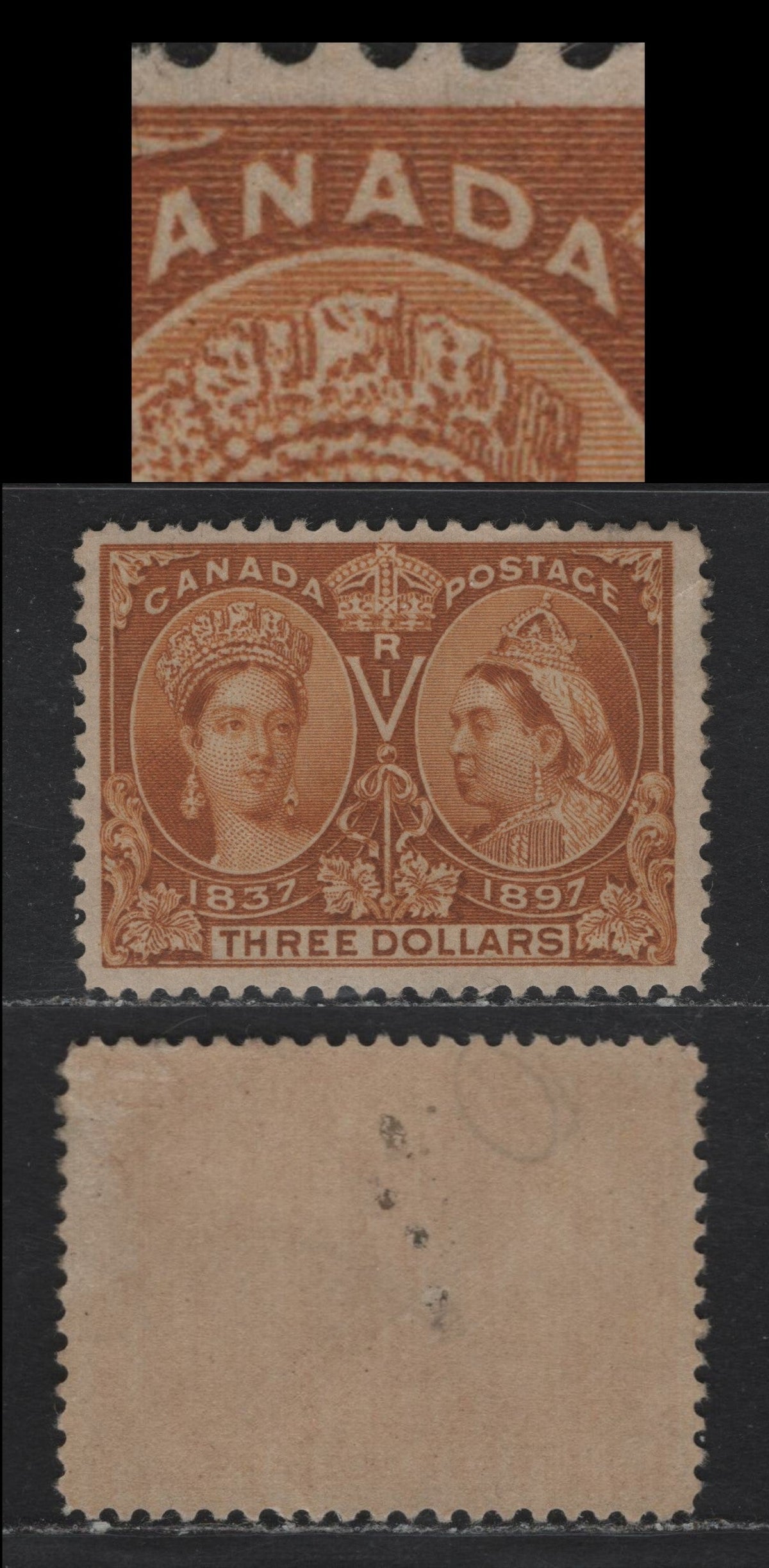 Lot 269 Canada #63var $3 Bistre (Brown Ochre), 1897 Diamond Jubilee Issue, A VFOG Single, ABN-W Paper, Perf 11.9x12, Showing Minor Unlisted Re-Entry Consisting of A Small Vertical Dash In the D of Canada.
