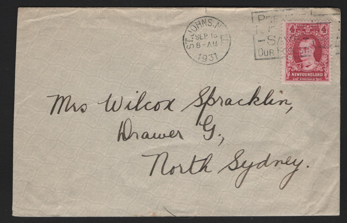 Lot 274 Newfoundland #, A Very Fine Used Cover, Letter Sent From 1931 Sent From St. John's To Sydney NS, Franked With A Single 4c Rose Watermarked Publicity Issue, Paying the 4c Rate To Canada.