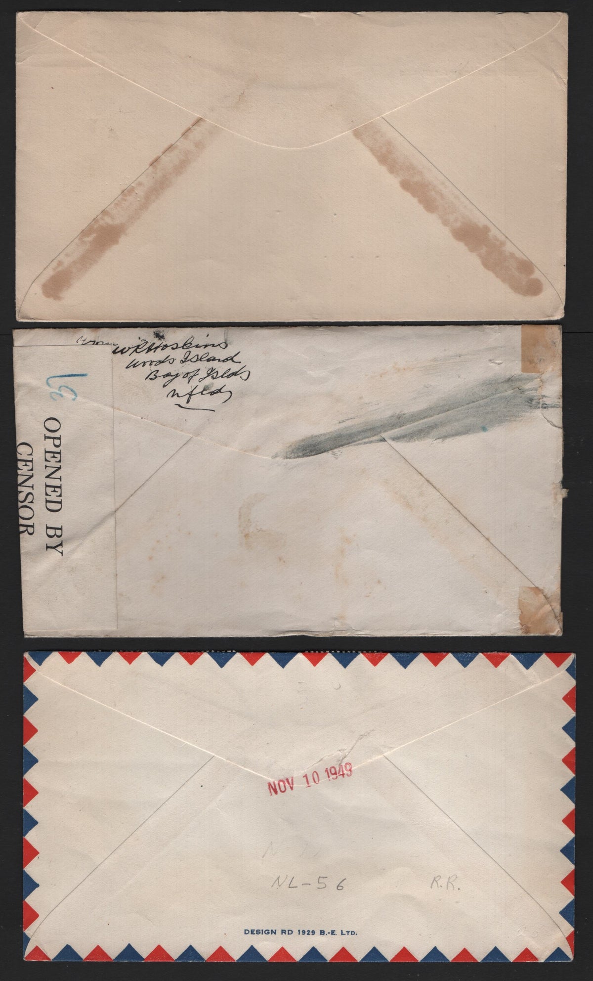 Lot 275 Newfoundland #, 3 Fine Used Covers, Resource Issue Postal History Including Scarce 1941 Perf 13.5 5c Die 1 On Censored Cover, Three Covers, One Of Which Is A Great Rarity
