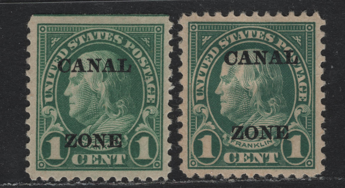 Lot 3 United States (C)SC#71 1c Green - Deep Green , 1924-1925 4th Bureau Canal Zone Overprinted Issue, 2 VFOG Singles, Flat Topped A