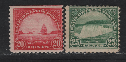 Lot 36 United States SC#568, 568var 20c Bright Carmine - Deep Green , 1922-1926 4th Bureau Issue, 2 FOG Singles, Flat Plate Printing