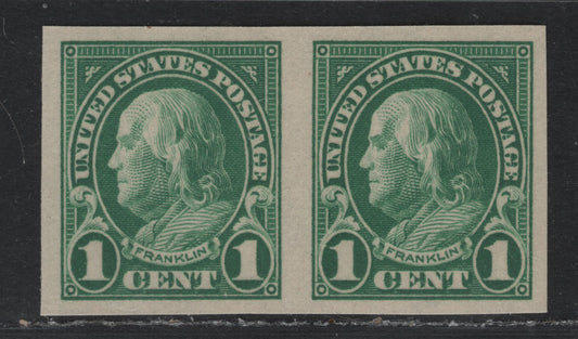 Lot 5 United States SC#575 1c Green , 1922-1925 4th Bureau Issue Flat Plate Printings, A VFNH Imperf Pair, Right Stamp NH, Left Just The Slightest Trace At UL