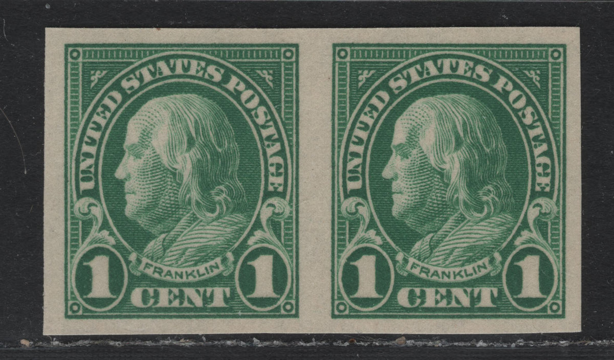 Lot 5 United States SC#575 1c Green , 1922-1925 4th Bureau Issue, A VFNH Imperf Pair, Flat Plate Printing, Right Stamp NH, Left Just The Slightest Trace At UL