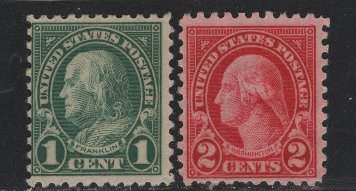 Lot 57 United States SC#581-582 1c - 2c Green - Carmine , 1923-1926 4th Bureau Issue, 2 FOG Singles, Rotary Press, Perf 10, Type 1 Gum Breaker Ridges 5.5mm Apart.