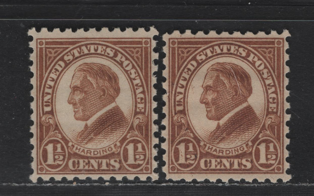 Lot 58 United States SC#582 1.5c Yellow Brown , 1923-1926 4th Bureau Issue, 2 VFNH Singles, Two Slightly Different Shades, Perf 10, Type 1 Gum Breaker Ridges Spaced 5.5mm Apart.