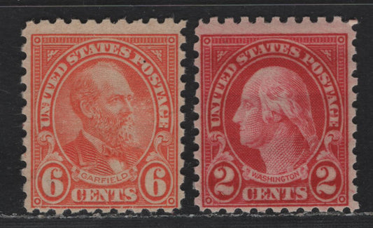 Lot 59 United States SC#583, 587 2c - 6c Carmine - Pale Red Orange , 1923-1926 4th Bureau Issue, 2 FNH Singles, Perf 10, Type 1 Gum Breaker Ridges Spaced 5.5mm Apart