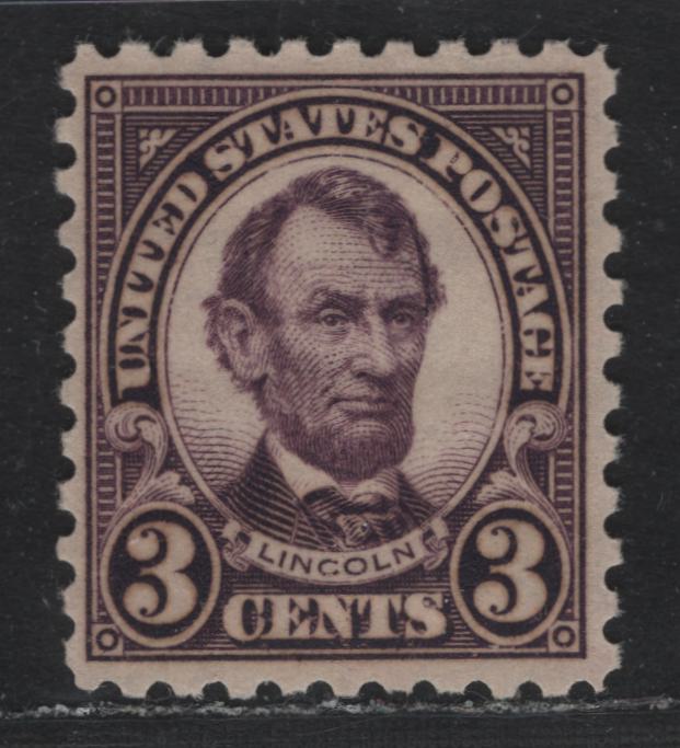 Lot 60 United States SC#584 3c Violet , 1923-1926 4th Bureau Issue, A VFOG Single, Perf 10, Type 1 Gum Breaker Ridges, No Visible Gum Striations.