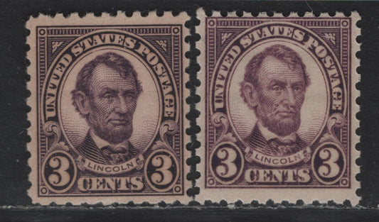 Lot 61 United States SC#584 3c Violet - Reddish Violet , 1923-1926 4th Bureau Issue, 2 FNH Singles, Perf 10, Type 1 Gum Breaker Ridges Spaced 5.5mm Apart, Darker Violet Shade Has 12 Vertical Gum Striations Per Inch, Reddish Violet Has None Visible.