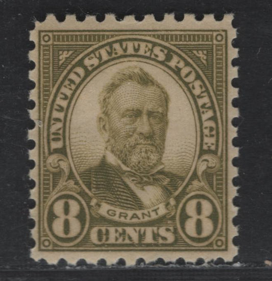 Lot 66 United States SC#589 8c Olive Green , 1923-1926 4th Bureau Issue, A FOG Single, Perf 10, Type 1 Gum Breaker Ridges, Spaced 5.5mm Apart, No Visible Vertical Gum Straitions.