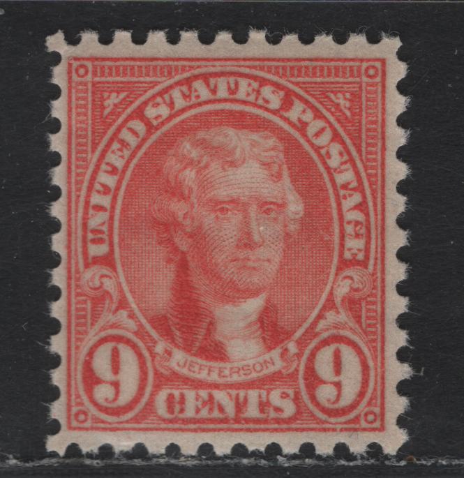 Lot 67 United States SC#590 9c Rose , 1923-1926 4th Bureau Issue, A VFNH Single, Perf 10, Type 1 Gum Breaker Ridges, Spaced 5.5mm Apart, No Visible Vertical Gum Straitions.