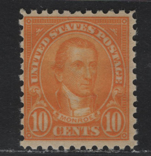 Lot 68 United States SC#591 10c Bright Orange Yellow , 1923-1926 4th Bureau Issue, A FNH Single, Perf 10, Type 1 Gum Breaker Ridges, Spaced 5.5mm Apart, No Visible Vertical Gum Straitions.