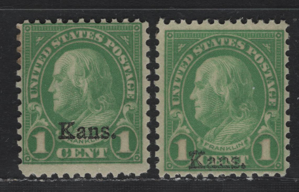 Lot 70 United States (C)SC#658 1c Yellow Green , 1926-1934 4th Bureau Issue, 2 FNH Singles, Kansas Overprint, One Showing Shifted Overprint, Type II Gum Breaker Ridges As Required By All Genuine Examples, 12 Vertical Gum Striations Per Inch.