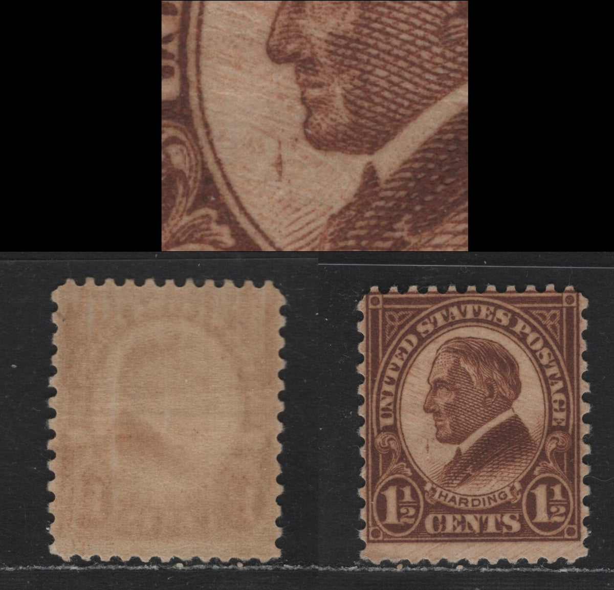 Lot 72 United States SC#633var 1.5c Brown , 1926-1934 4th Bureau Issue, A FNH Single, Rotary Press, Showing Small Scratch Flow Opposite Chin, Unlisted In French, Type II Gum Breaker Ridges Spaced 22mm Apart, No Visible Gum Striations.
