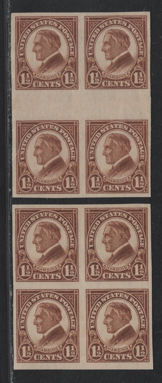 Lot 73 United States SC#631 1.5c Brown , 1926 4th Bureau Issue, 2 VFOG/NH Gutter Block & Block Of 4, Rotary Press, Type 1 Gum Breaker Ridges, Spaced 5.5mm Apart, No Visible Vertical Gum Straitions, Hinged On Top 2 Stamps In Each Block.