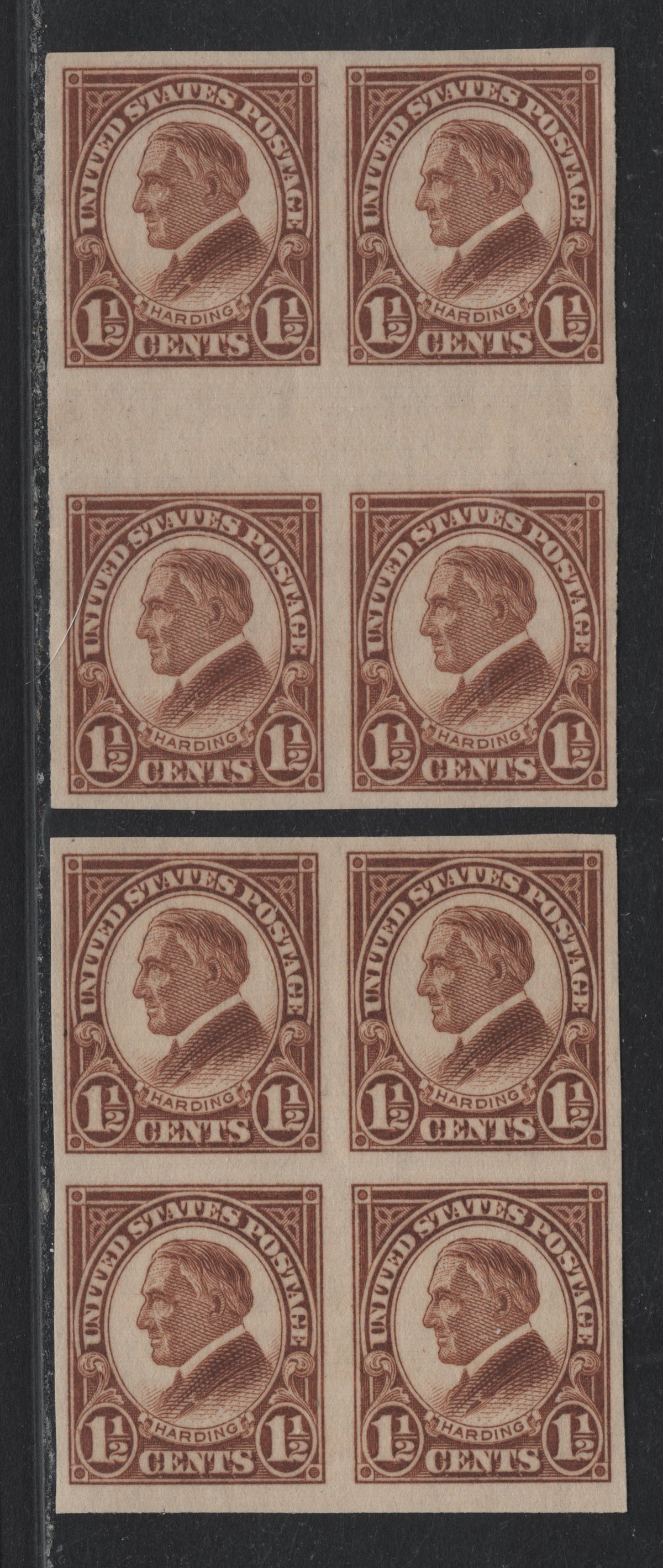 Lot 73 United States SC#631 1.5c Brown , 1926 4th Bureau Issue, 2 VFOG/NH Gutter Block & Block Of 4, Rotary Press, Type 1 Gum Breaker Ridges, Spaced 5.5mm Apart, No Visible Vertical Gum Straitions, Hinged On Top 2 Stamps In Each Block.