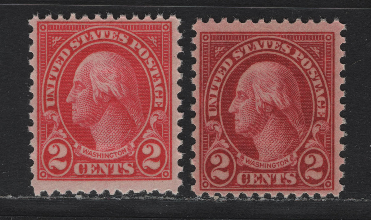 Lot 77 United States SC#634,b 2c Carmine Lake - Carmine , 1926-1934 4th Bureau Issue, 2 FNH Singles, Type 1 (Carmine) & Type 3 (Carmine Lake) Gum Breaker Ridges, Perf 11x10.5