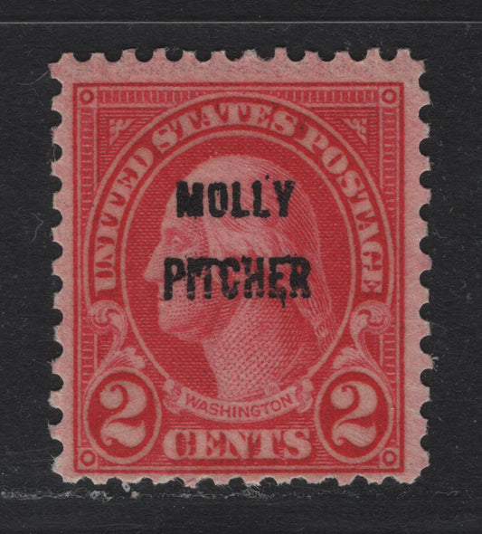 Lot 82 United States SC#646var 2c Carmine , 1928 Battle of Monmouth Issue, A FNH Single, Molly Pitcher Overprint, Type II Gum Breaker Ridges Spaced 22mm Apart, 12 Vertical Gum Striations Per Inch.