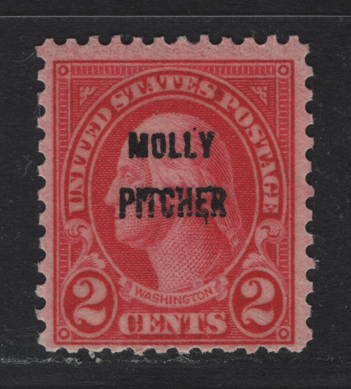 Lot 82 United States SC#646var 2c Carmine , 1928 Battle of Monmouth Issue, A FNH Single, Molly Pitcher Overprint, Type II Gum Breaker Ridges Spaced 22mm Apart, 12 Vertical Gum Striations Per Inch.
