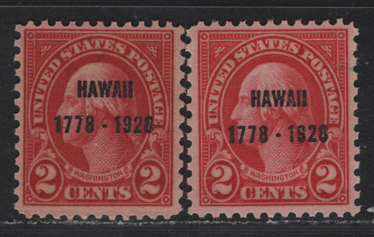 Lot 84 United States SC#647 2c Carmine - Deep Carmine , 1928 Hawaii Sesquicentennial Issue, 2 VFNH Singles, Hawaii Overprint, Type II Gum Breaker Ridges Spaced 22mm Apart, 12 Vertical Gum Striations.